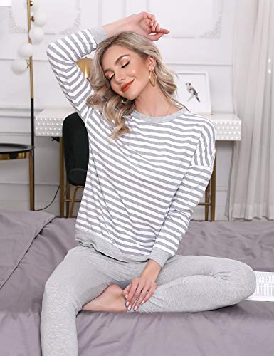 Doaraha Pijamas Algodón para Mujer Estampado de Rayas Ropa de Dormir Camiseta Manga Larga con Pantalones Larga Puño Elástico Conjunto de Pijamas Suave y Transpirable (Gris, XXL)
