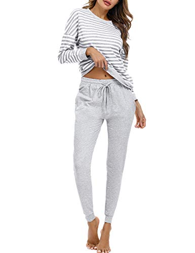 Doaraha Pijamas Algodón para Mujer Estampado de Rayas Ropa de Dormir Camiseta Manga Larga con Pantalones Larga Puño Elástico Conjunto de Pijamas Suave y Transpirable (Gris, XXL)