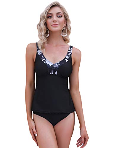 Doaraha Traje de Baño de Dos Piezas Bañadores Mujer Tankini y Breifs Diseño de Flores Conjunto de Bikinis para Playa, Piscina, Vacaciones,Fiesta(Negro)