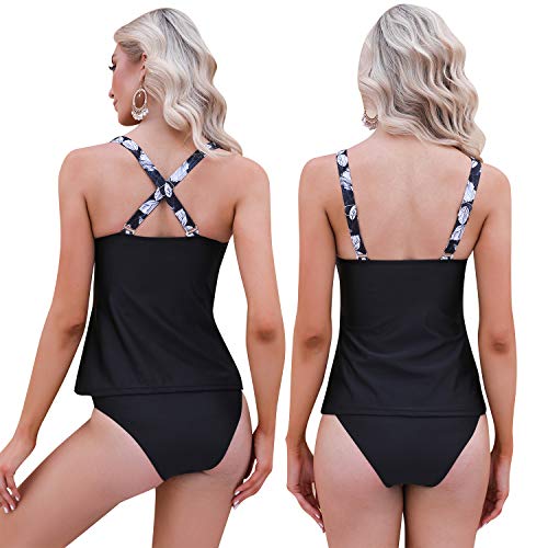 Doaraha Traje de Baño de Dos Piezas Bañadores Mujer Tankini y Breifs Diseño de Flores Conjunto de Bikinis para Playa, Piscina, Vacaciones,Fiesta(Negro)