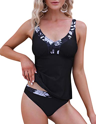 Doaraha Traje de Baño de Dos Piezas Bañadores Mujer Tankini y Breifs Diseño de Flores Conjunto de Bikinis para Playa, Piscina, Vacaciones,Fiesta(Negro)