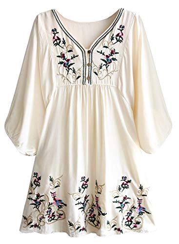 Doballa - Vestido de estilo bohemio, mini blusa, túnica de estilo mejicano, con bordado floral para mujer Beige beige XL