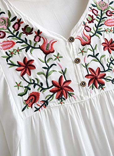 Doballa - Vestido de estilo bohemio, mini blusa, túnica de estilo mejicano, con bordado floral para mujer Blanco blanco L