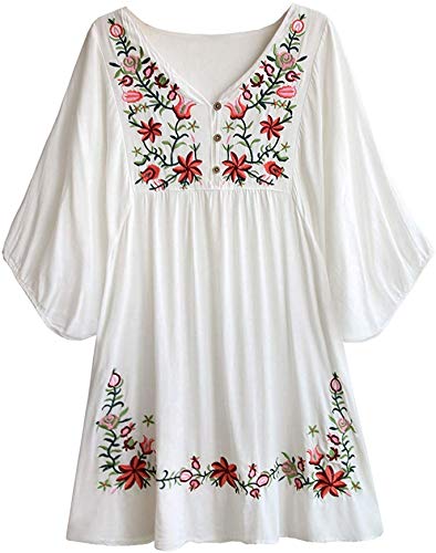 Doballa - Vestido de estilo bohemio, mini blusa, túnica de estilo mejicano, con bordado floral para mujer Blanco blanco L