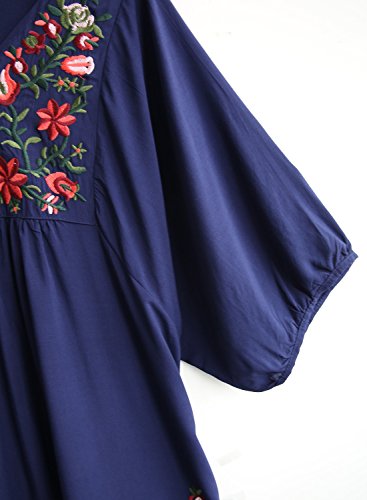 Doballa - Vestido de estilo bohemio, mini blusa, túnica de estilo mejicano, con bordado floral para mujer Flor de estrella azul marino. L