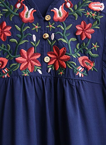 Doballa - Vestido de estilo bohemio, mini blusa, túnica de estilo mejicano, con bordado floral para mujer Flor de estrella azul marino. L