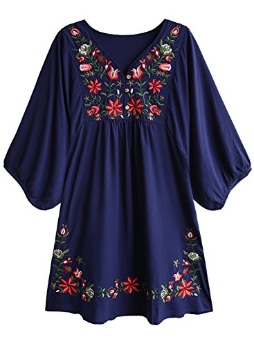 Doballa - Vestido de estilo bohemio, mini blusa, túnica de estilo mejicano, con bordado floral para mujer Flor de estrella azul marino. L