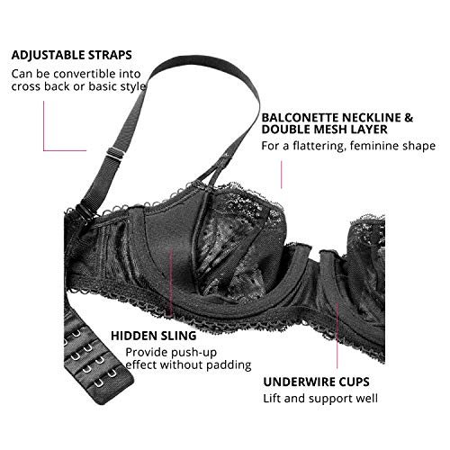 DOBREVA Women's Sexy Lace Unlined Underwire Balconette See Through Sheer Bra Negro 85B