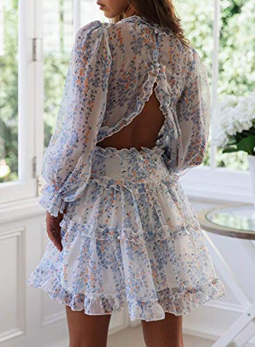 Dokotoo Vestidos Casuales para Mujer con Cuello en V Vestidos Cortos de Verano Escote Mangas largas Mangas largas Mini Vestido con Estampado Floral Blanco S.