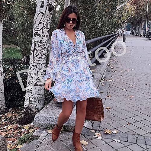 Dokotoo Vestidos Casuales para Mujer con Cuello en V Vestidos Cortos de Verano Escote Mangas largas Mangas largas Mini Vestido con Estampado Floral Blanco S.