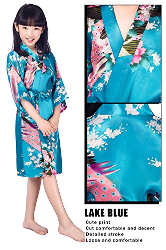 Dolamen Kimono para niña, bata kimono, bata de seda de satén de pavo real y flores, bata de baño para spa, natación, boda, cumpleaños, edades, pijama, ropa de noche