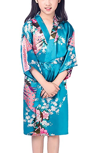 Dolamen Kimono para niña, bata kimono, bata de seda de satén de pavo real y flores, bata de baño para spa, natación, boda, cumpleaños, edades, pijama, ropa de noche