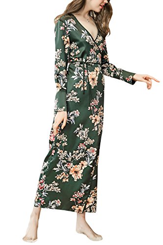 Dolamen Mujer Vestido Kimono Satén, Camisón para Mujer, Flores Florales Robe Albornoz Dama de Honor Ropa de Dormir Pijama, Largo 2018 Busto 100 cm (Busto Larghezza 100 cm, Verde)