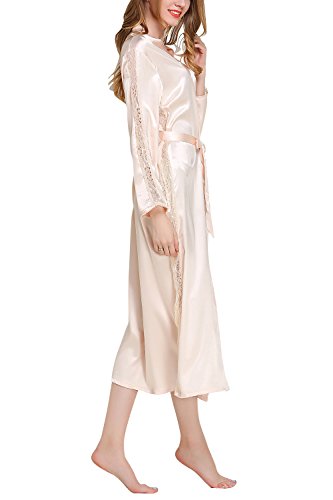 Dolamen Mujer Vestido Kimono Satén Largo, Cordón Camisón para Mujer, Lujoso Robe Albornoz Dama de Honor Ropa de Dormir Pijama, Busto 108 cm, 45,52 Inch (Oro)