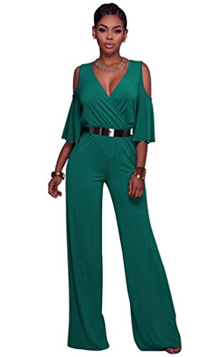 Dooxi Mujer Color Sólido Monos Cuello V Manga Corta Elegante Largo Jumpsuits Verde XL