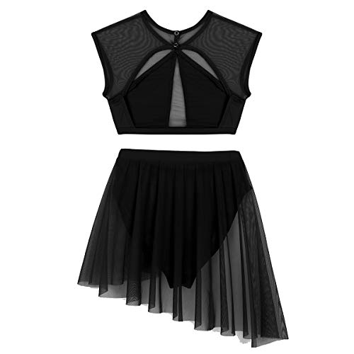 dPois 2 Piezas Traje de Danza Lírica Contemporánea para Mujer Chica Vestido Elegante de Ballet Baile Moderno Conjunto Crop Top + Falda Irregular Fiesta Actuación Negro S