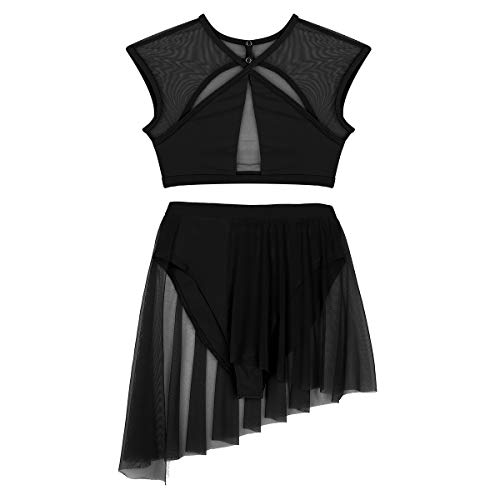 dPois 2 Piezas Traje de Danza Lírica Contemporánea para Mujer Chica Vestido Elegante de Ballet Baile Moderno Conjunto Crop Top + Falda Irregular Fiesta Actuación Negro S