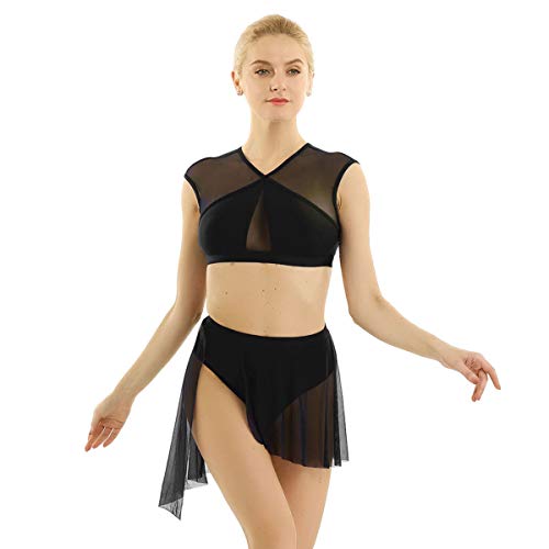 dPois 2 Piezas Traje de Danza Lírica Contemporánea para Mujer Chica Vestido Elegante de Ballet Baile Moderno Conjunto Crop Top + Falda Irregular Fiesta Actuación Negro S