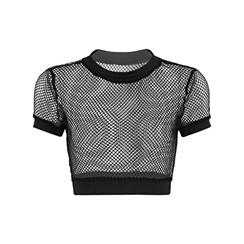 dPois Camiseta Mujer Manga Corta Sexy Crop Top de Malla Rejilla Perspectiva Chaleco Deportivo Transparente Camiseta Corto Ropa de Fiesta Club Noche Fishnet Shirt de Moda Elastico Negro Small
