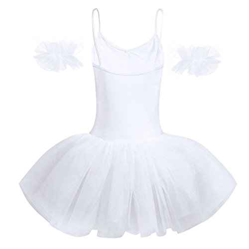 dPois Vestido Maillot de Ballet Danza Tirantes para Mujer Chica Tutú Flor Princesa + 2 Pulseras Leotardo Blanco Adulto con Lentejuelas Brillantes sin Mangas para Fiesta Actuación Blanco Medium