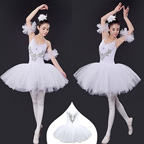 dPois Vestido Maillot de Ballet Danza Tirantes para Mujer Chica Tutú Flor Princesa + 2 Pulseras Leotardo Blanco Adulto con Lentejuelas Brillantes sin Mangas para Fiesta Actuación Blanco Medium