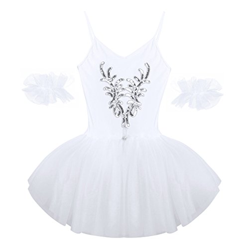 dPois Vestido Maillot de Ballet Danza Tirantes para Mujer Chica Tutú Flor Princesa + 2 Pulseras Leotardo Blanco Adulto con Lentejuelas Brillantes sin Mangas para Fiesta Actuación Blanco Medium