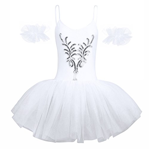 dPois Vestido Maillot de Ballet Danza Tirantes para Mujer Chica Tutú Flor Princesa + 2 Pulseras Leotardo Blanco Adulto con Lentejuelas Brillantes sin Mangas para Fiesta Actuación Blanco Medium