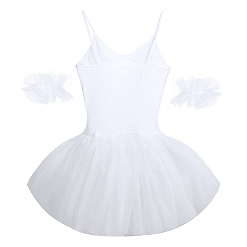 dPois Vestido Maillot de Ballet Danza Tirantes para Mujer Chica Tutú Flor Princesa + 2 Pulseras Leotardo Blanco Adulto con Lentejuelas Brillantes sin Mangas para Fiesta Actuación Blanco Medium