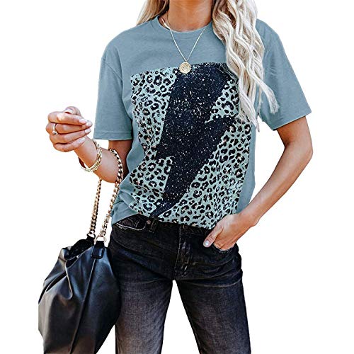 DREAMING-Camiseta de Manga Corta con Cuello Redondo y Estampado de relámpago de Leopardo para Mujer de Primavera y Verano XL