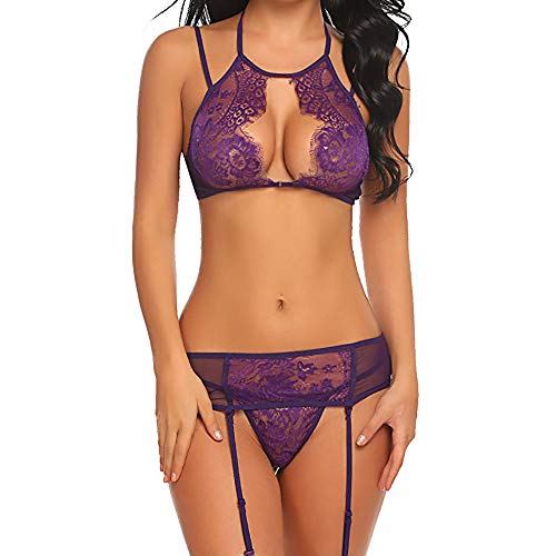 DressLksnf Lencería Moda Mujer Sujetador Hueca Braga Liga Atractiva Picardias Pijama de Dormir Gasa Sexy Conjunto de Bra Interior Lace Encaje Pasión Transparente