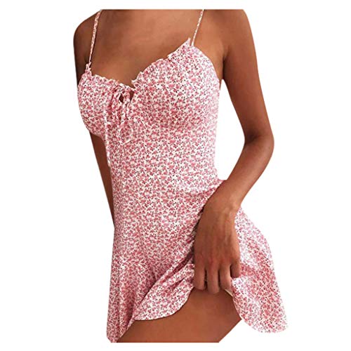 DressLksnf Vestido Mujeres Impresión de Lunares con Encaje de Tirantes Finos Vestir de Playa Cuello en v Fuera del Hombro Vestido Corto Verano Sexy Vestido de Fiesta (L, Rosado)