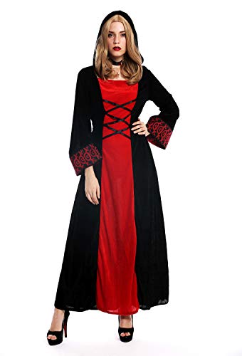 dressmeup - W-0032 Disfraz Mujer Feminino Halloween Elfo sílfide Hada Maga Edad Media Vestido Largo con Capucha Negro Rojo Talla M