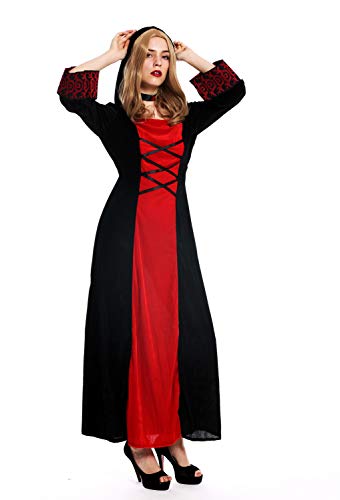 dressmeup - W-0032 Disfraz Mujer Feminino Halloween Elfo sílfide Hada Maga Edad Media Vestido Largo con Capucha Negro Rojo Talla M