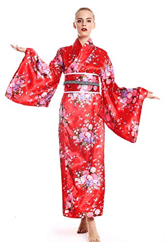 dressmeup - W-0289 Disfraz Mujer Feminino Halloween quimono Kimono Geisha Japón japonaise Chine Rojo Flores de Cerezo Talla M
