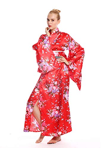dressmeup - W-0289 Disfraz Mujer Feminino Halloween quimono Kimono Geisha Japón japonaise Chine Rojo Flores de Cerezo Talla S