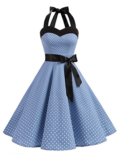 Dresstells® Halter 50s Rockabilly Polka Dots Audrey Dress Retro Cocktail Dress Blue Small White Dot S