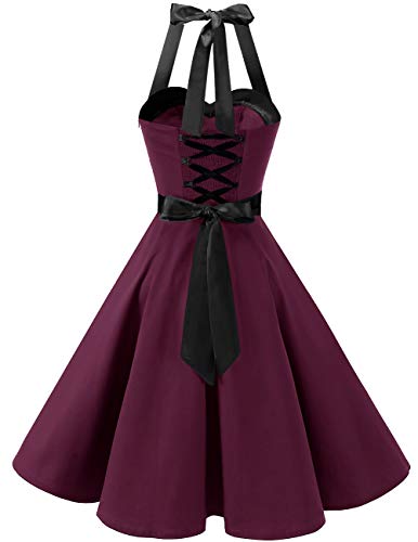 Dresstells® Halter 50s Rockabilly Polka Dots Audrey Dress Retro Cocktail Dress Burgundy Black L