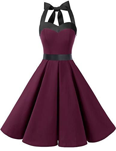 Dresstells® Halter 50s Rockabilly Polka Dots Audrey Dress Retro Cocktail Dress Burgundy Black L