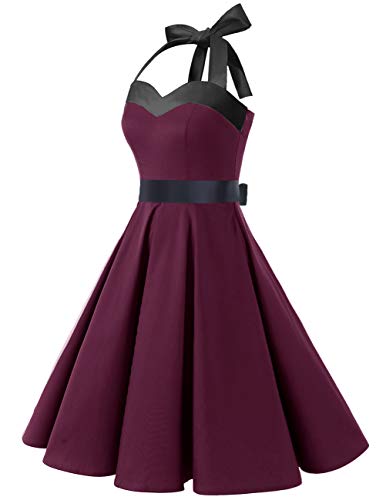 Dresstells® Halter 50s Rockabilly Polka Dots Audrey Dress Retro Cocktail Dress Burgundy Black XS