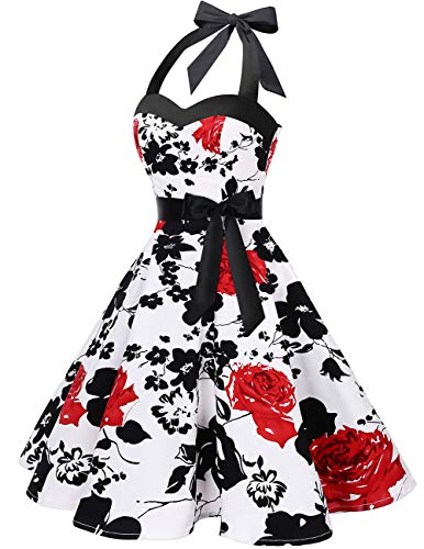 DRESSTELLS Version 3.0 - Vestido de cóctel de lunares con cuello halter, estilo vintage Audrey Hepburn de los años 50 White Red Flower XXXXL