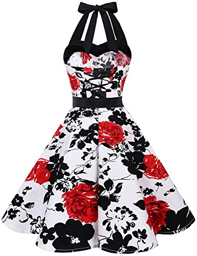 DRESSTELLS Version 3.0 - Vestido de cóctel de lunares con cuello halter, estilo vintage Audrey Hepburn de los años 50 White Red Flower XXXXL
