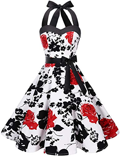 DRESSTELLS Version 3.0 - Vestido de cóctel de lunares con cuello halter, estilo vintage Audrey Hepburn de los años 50 White Red Flower XXXXL