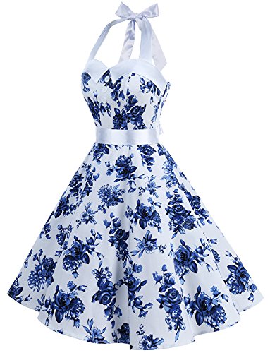 Dressystar - Vestido de baile, diseño vintage de lunares con espalda al aire, vestido tipo pin-up o rockabilly de los años 50 y 60 Blanc À Fleur Bleu XL