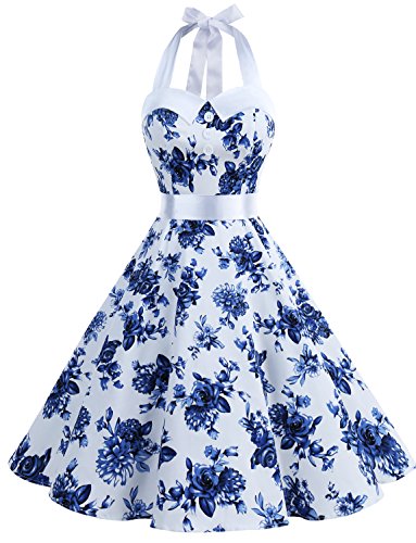 Dressystar - Vestido de baile, diseño vintage de lunares con espalda al aire, vestido tipo pin-up o rockabilly de los años 50 y 60 Blanc À Fleur Bleu XL