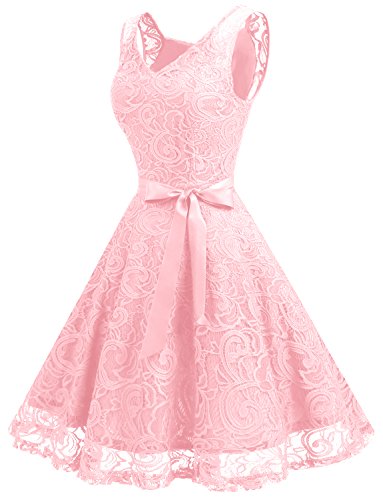 Dressystar Vestido Fiesta Corto Flor Encaje Elegante Mujer Sin Mangas para Dama De Honor Rosa Clara XL
