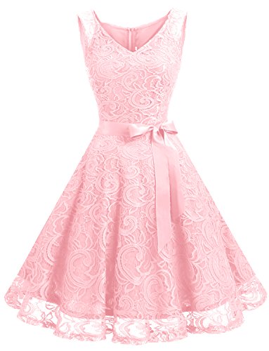 Dressystar Vestido Fiesta Corto Flor Encaje Elegante Mujer Sin Mangas para Dama De Honor Rosa Clara XL