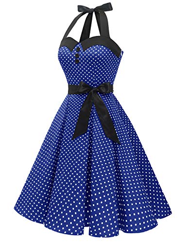Dressystar Vestidos Corto Cuello Halter Estampado Flores y Lunares Vintage Retro Fiesta 50s 60s Rockabilly Mujer Azul Real XXXL