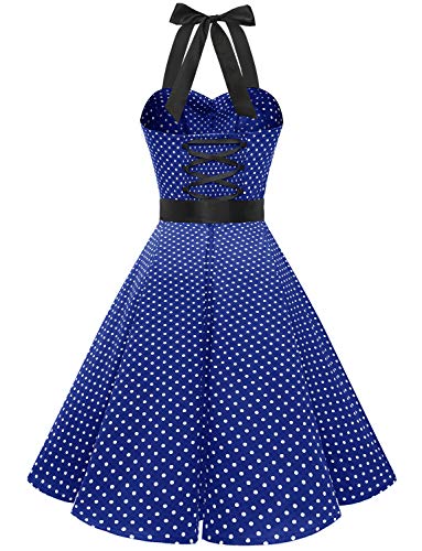 Dressystar Vestidos Corto Cuello Halter Estampado Flores y Lunares Vintage Retro Fiesta 50s 60s Rockabilly Mujer Azul Real XXXL