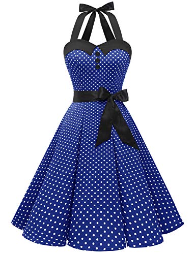 Dressystar Vestidos Corto Cuello Halter Estampado Flores y Lunares Vintage Retro Fiesta 50s 60s Rockabilly Mujer Azul Real XXXL