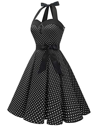 Dressystar Vestidos Corto Cuello Halter Estampado Flores y Lunares Vintage Retro Fiesta 50s 60s Rockabilly Mujer Negro S